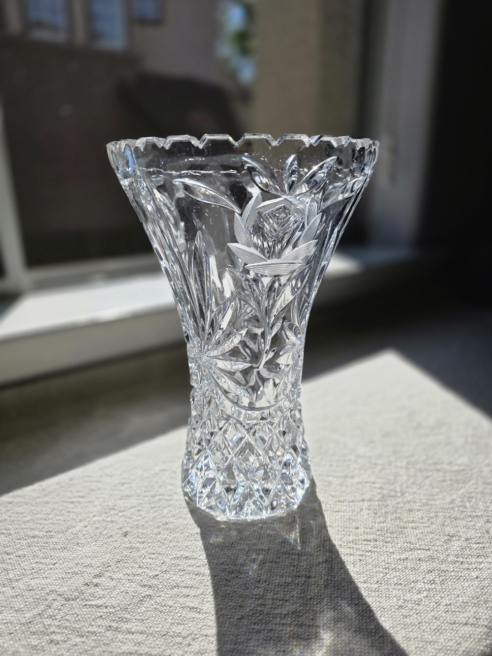 Vintage Cut Lead Crystal Flared Bud Vase - Star & Diamond Pattern Sawtooth Rim